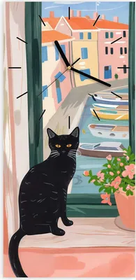 Produktbild von Wanduhr aus Glas mit Motiv Katze am Fenster- 30 x 60 cm - inkl. Aufhängesystem