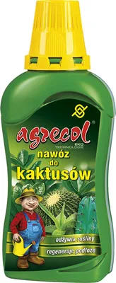 A bottle of liquid fertilizer for cacti and succulents, featuring a cartoon gardener illustration.