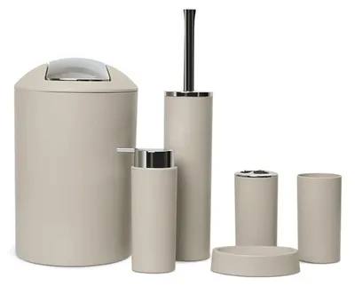 Immagine prodotto di Set di accessori per il bagno, 6 pezzi, color beige: dispenser per lozione, portaspazzolino, bicchiere, portasapone, spazzolino per WC, cestino