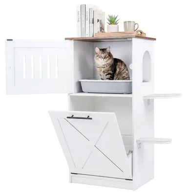 Produktbild von KOMFOTTEU 115cm Katzenklo schrank, Katzenschrank mit Versteckte Katzentoilette, Sisal-kratzpad & Sprungplattformen, Klappfach mit Tür, Katzenmöbel für Haustierhausn, Weiß, 84 x 45 x 115 cm