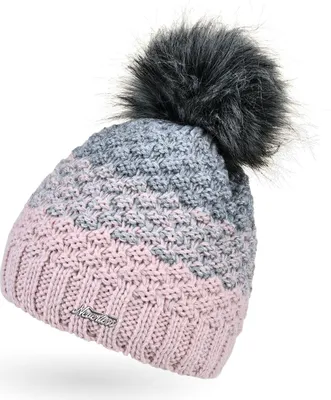 Produktbild von Damen Strick-Mütze gefüttert Fleece-Innenfutter Fell-Bommel Kunstfell Winter-Mütze Bommelmütze Grobstrick mehrfarbig Neverless® rosa-grau