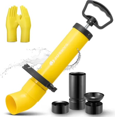 Produktbild von Juskys Rohrreinigungspumpe - Handschuhe & 3 Aufsätze für Abfluss - Rohrreiniger Gelb