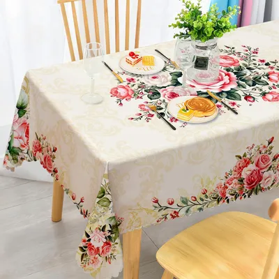 Productafbeelding van Rechthoekige, weerbestendige en afwasbare polyester tafelkleed met rozenprint, geschikt voor 10-12 personen, afmetingen 140x300 cm