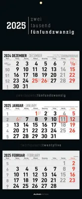 Produktbild von Alpha Edition - 3-Monatskalender Black 2025 Bürokalender, 33x20cm(33x80cm geöffnet), Kalender mit Jahresübersicht, Datumsschieber, faltbar, 3 Monate auf einen Blick und internationales Kalendarium