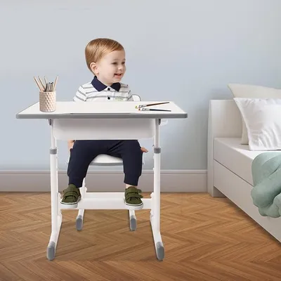 Produktbild von Kinderschreibtisch Set höhenverstellbar, Schülerschreibtisch und Stuhl mit Haken & Stauraum, Zeichentisch Jugendschreibtisch für Kinder ab 3 Jahren, für Jungs & Mädchen (Weiß)