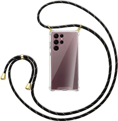 Produktbild von Handykette Backcover-Schutzhülle mit Band (Metall goldfarben) für Samsung Galaxy S22 Ultra 5G (S908) - schwarz/gold