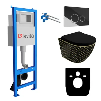 Produktbild von Lavita LAV 101 Vorwandelement für WC 40cm + Wand Hänge Tiefspül WC SOFI SLIM BLACK NIGHT Spülrandlos + Bedienplatte LAV 200.4.2 Verchromt | Komplettset | Unterputz Spülkasten | Toilette Komplett Sett