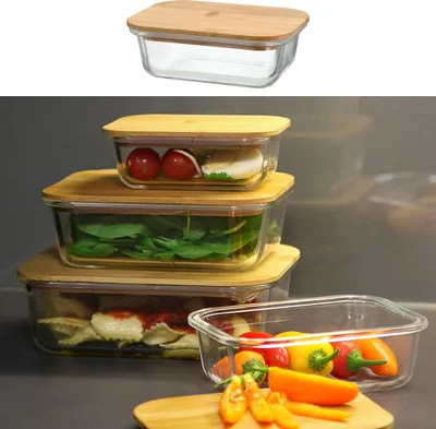 Produktbild von Vorratsbehälter mit Bambusdeckel 400ml 14,5x5x10,5cm Borosilikatglas Bambus Frischhaltebox Vorratsdose Vesperdose Lebensmittelbehälter