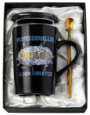 Immagine prodotto di Tazza da caffè con coperchio e cucchiaino, colore nero, capacità 14 once, confezione regalo in Vetroceramica