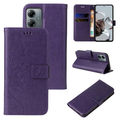 Produktbild von Handyhülle für Motorola Moto G14 Floral Blumen Schmetterling Flip Cover Hülle Case Klapphülle Handytasche Farbe: Violett
