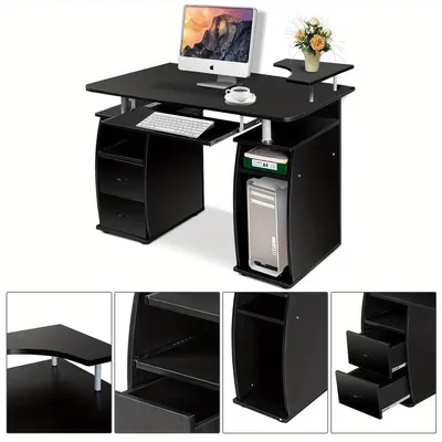 Image de Bureau - Bureau informatique - Bureau de travail - Bureau pour le travail à domicile - Bureau d'étude - Noir - Plateau de clavier extensible