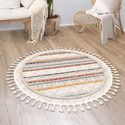 Produktbild von Teppich Wohnzimmer Kurzflor Boho Modern Ethno Skandi Geometrisch Fransen Grösse 120 cm Rund