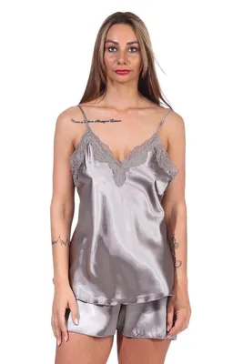 Produktbild von Damen Satin Nachtwäsche Pyjama Set Shorty mit Spitze; Taupe/S