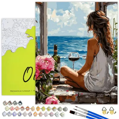 Produktbild von Oh Art! Malen nach Zahlen Frau – „Frau am Meer“ 40x50 cm – DIY Leinwand Set mit Holzrahmen, Acrylfarben, 3 Pinseln und Zubehör – Erwachsene & Kinder