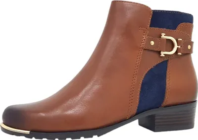 A single brown leather ankle boot with blue suede accents and a gold buckle.