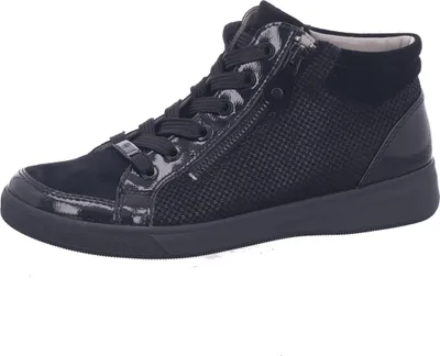 A black high-top sneaker is shown from the side against a white background.