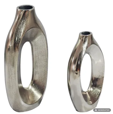 Zdjęcie produktu dla Zestaw 2 wazonów dekoracyjnych WOHNLING, metal, srebrny, designerski. Duży metalowy wazon do kwiatów i roślin suchych. Wazon stojący, dekoracyjny, idealny do dekoracji wnętrz. Wykonany ręcznie, Obraz wygenerowany przez AI