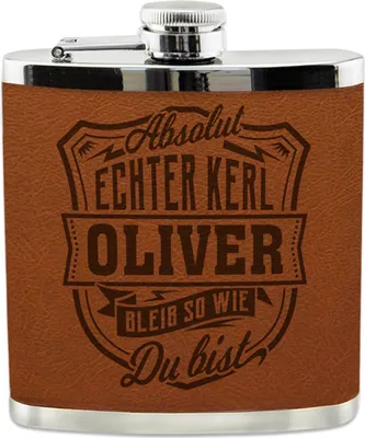 Produktbild von Flachmann Oliver, Nierenform, aus Kunstleder, mit Gravur, 9,5x11,1 cm