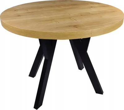 A round dining table with a wood-look top and black legs, shown against a white background.