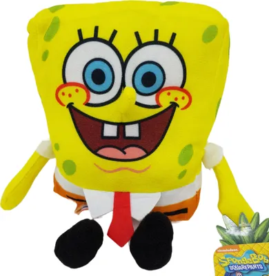 A plush toy of the cartoon character SpongeBob SquarePants is shown against a white background.