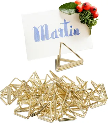Image de Porte-cartes de table triangulaires Relaxdays, lot de 48, porte-cartes de table, cartes de menu, cartes postales, photos, présentoirs, dorés