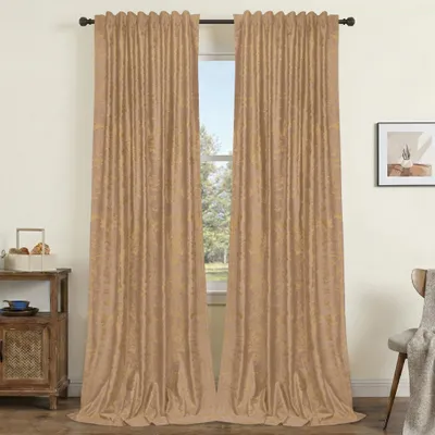 Produktbild von 2er Set Samt Vorhänge mit Kräuselband Vorhang Verdunkelung Golden Bedruckte Gardinen Wohnzimmer Schlafzimmer, B132xH244cm, Kamelfarbe