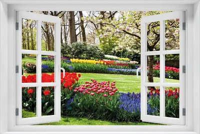 Produktbild von Wallario Poster mit Fenster-Illusion: Bunte Blumen und Kirsch-Baum im Park blühen im Frühling, Größe: 61 x 91,5 cm (Maxiposter)