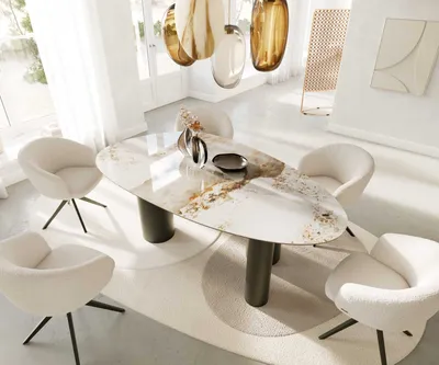 Produktbild von DELIFE Esstisch Edge Oval 220x120 Keramik Minas Melange Weiß-Beige Pilier Metall Effektfinish Titan