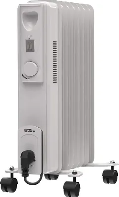 A white oil-filled radiator on wheels, shown from a slight angle against a white background.
