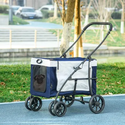 Produktbild von Hundebuggy klappbar, Haustierbuggy mit abnehmbarem Korb, Hundewagen Oxford-Stahl, Blau | 81 x 58 x 97,5 cm | bis 15 kg | EVA-Räder & Hinterbremsen
