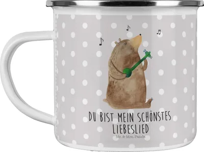 Produktbild von Mr. & Mrs. Panda Teetasse Bär Lied - Grau Pastell - Geschenk, Teddy, Frau, Herz, Pott, Spruch, emaillebecher, Emaille Tasse, Motivtasse, Valentinstag, Becher