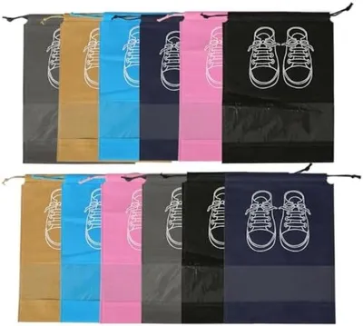 Produktbild von PolkaHome® 12 Stück Kordelzug Schuhbeutel – Wasserabweisend & Atmungsaktiv, 44 x 32 x 8 cm, Schwarz