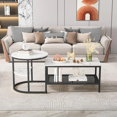 Produktbild von Rechteckige und runde, ineinander schiebbare Couchtische aus weißem Marmor mit schwarzem Metallgestell, modernes und elegantes Design.
