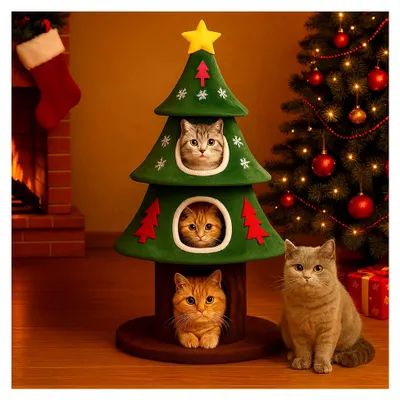 Produktbild von Kratzbaum 135 cm hoch im Weihnachtsbaum-Design, mehrstöckiger Katzenbaum mit Katzenhaus und Kratzsäulen, stabiler Kletterbaum für Katzen, grün
