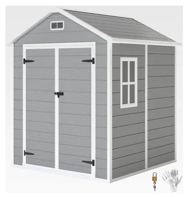Produktbild von Gerätehaus 2,4m², wasserdichtes Gartenhaus mit Boden und Satteldach, 182x151x219/181 cm, Geräteschuppen mit abschließbarer Tür, Fenster, Fahrradgarage aus Kunststoff für Garten und Hinterhof, Grau