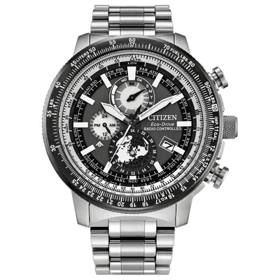 A close-up, front-facing studio shot of a men's wristwatch with a metal band and a complex dial.