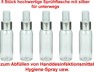 Produktbild von GKA 5 Stück PET Flaschen 60 ml mit Spray Pumpe silber Luxury Sprühflasche Sprayflasche Flasche zum Umfüllen Abfüllen