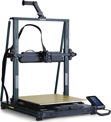 A 3D printer is shown in a studio setting against a light gray background.