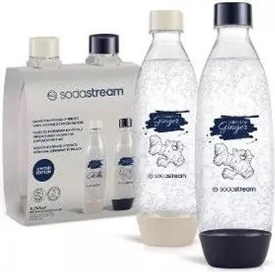 A collection of SodaStream bottles and a SodaStream CO2 cylinder refill box.
