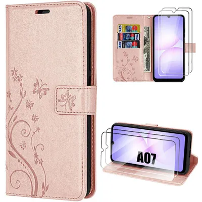 Image de Coque + 2 Verres Trempés pour Samsung Galaxy A07, Flip Case Cuir Synthétique Motif Relief Floral Papillon Rose