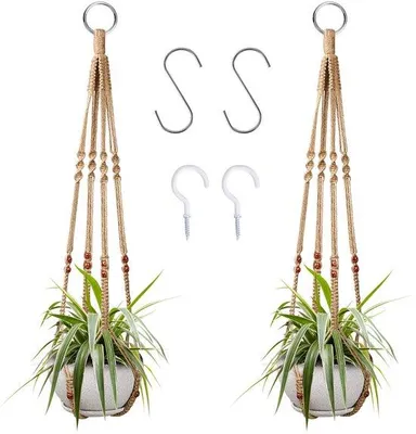 Image de Support pour plantes en macramé pour l'intérieur et l'extérieur, lot de 2, 90 cm, 4 crochets
