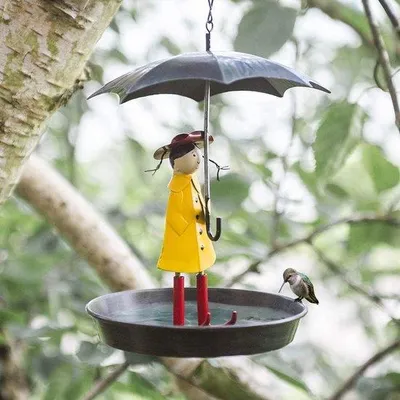 Image de Mangeoire automatique pour cage à oiseaux - Mangeoire suspendue en métal avec chaîne et abri-pluie, bain pour oiseaux sauvages, décoration de jardin