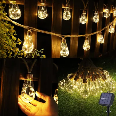 Produktbild von Solar Lichterkette Aussen Mit 16 Glühbirnen, 6.4M Solar Lichterkette Außen Wetterfest Warmweiß, Vintage Solarlichterketten mit Hanfseil Outdoor Deko für Garten, Party, Balkon, Hof, Hochzeit
