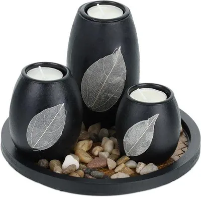 Productafbeelding van Famanu set theelichthouders met decoratieve steentjes - zwart/bruin