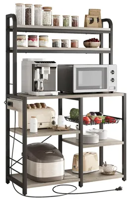 Image de Étagère de cuisine - Support pour micro-ondes et espace café - Structure métallique, étagères en bois, étagère ouverte, prise électrique - Gris