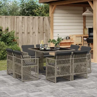 Produktbild von 9-tlg. Garten-Essgruppe mit Kissen Grau Poly Rattan