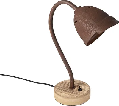 Produktbild von QAZQA - Landhaus I Vintage Rustikale Tischleuchte I Tischlampe I Lampe I Leuchte Rostbraun mit Holzfuß - Rax I Wohnzimmer I Schlafzimmer - Stahl Rund - LED geeignet GU10