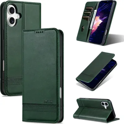 Immagine prodotto di Custodia in pelle per iPhone 16, custodia pieghevole a portafoglio con chiusura magnetica e supporto verde