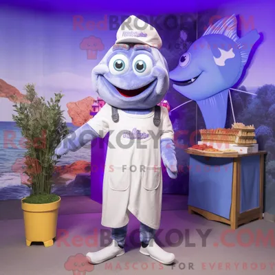 Obrázok produktu pre Maskot spoločnosti REDBROKOLY, známy ako Levandula, je zobrazený ako ryba a hranolky, oblečený v pracovných nohaviciach (dunkách) a s čelenkou