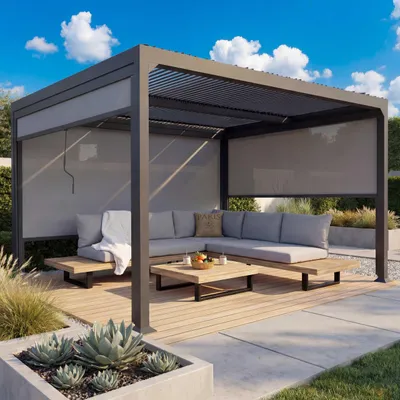 Produktbild von Alu Pergola HWC-L41 mit 3x Seitenwand, Lamellen-Pavillon, stabiles 8cm-Metall-Gestell 3x3,7m  anthrazit